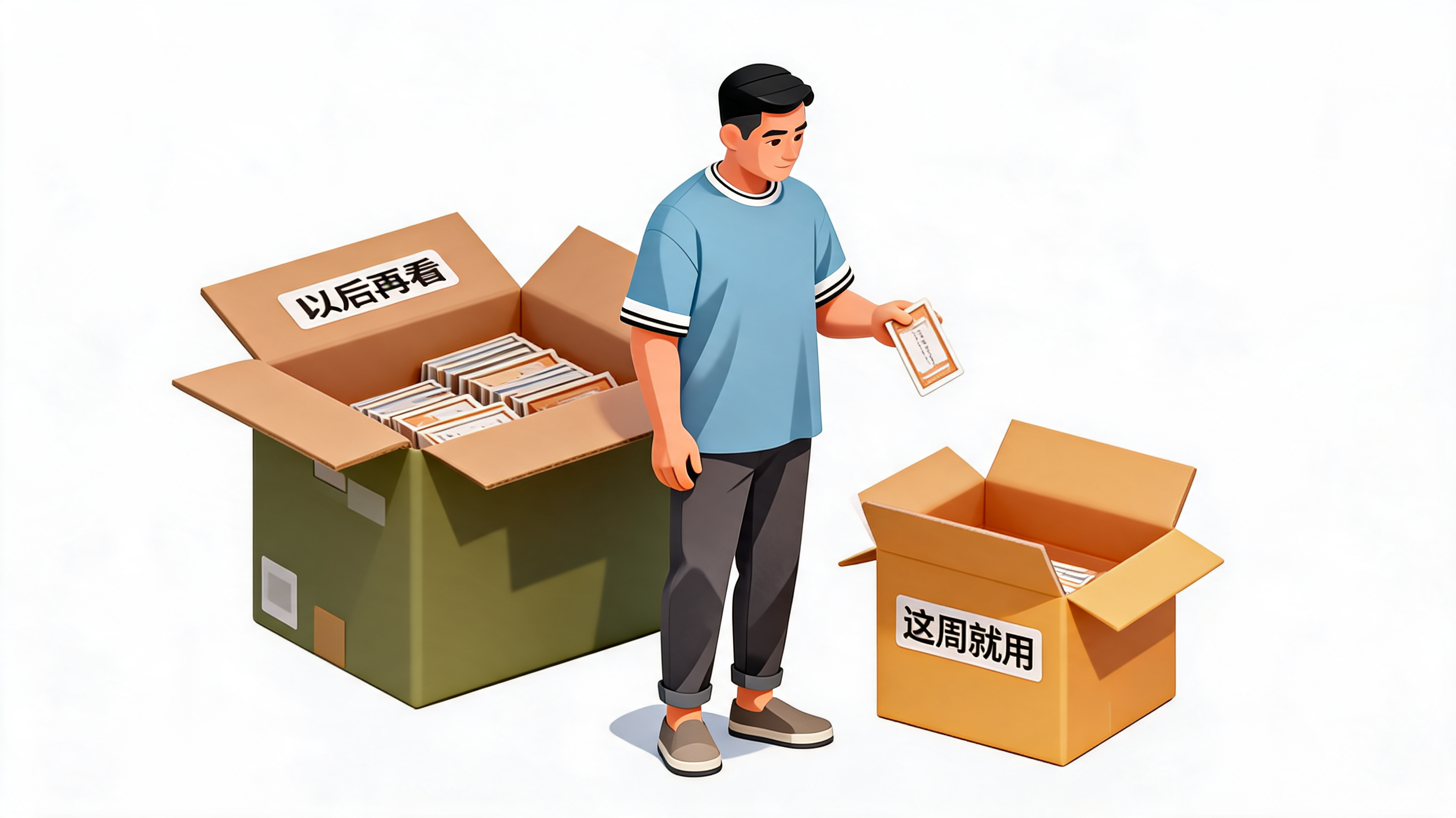 插图：爸爸整理收藏夹，把一个久置的链接移到"这周就用"